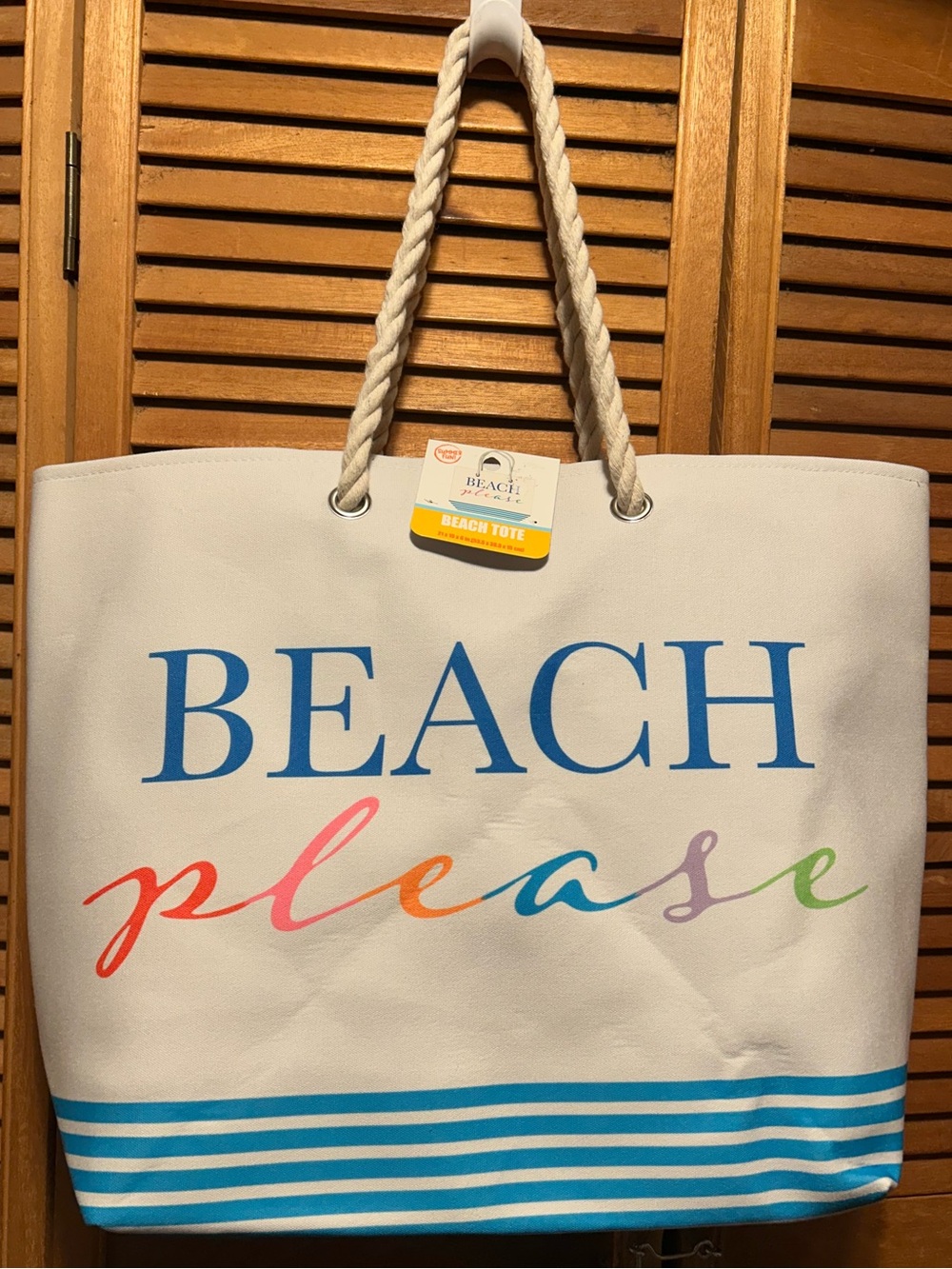 BEACH Plesse White and Blue Canvas Beach Tote with Multicolor 'please' Script